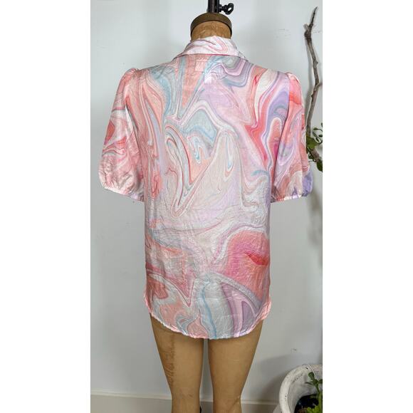 Johnny Was Watercolor Marble Print Blouse | Sheer Puff Sleeve Button Up |Size XS - Picture 4 of 6